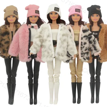 1 Комплект Дрехи за кукли 1/6, Модерно Меховое палто, Шапка, Панталони, Бяла Зимно топло облекло за кукли Барби дължина от 30 см, Аксесоари, играчки