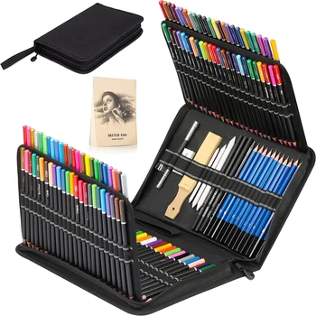 144 Опаковката набор за рисуване и colorization скици, комплектът включва 120 професионални цветни моливи с мека гръбначен мозък, моливи за скициране и въглен, моливи, Албум за рисуване