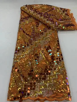 Orange лейси плат с африкански пайети 2023, Висококачествена бродерия ръчна изработка, лейси плат, със златна линия За младоженци