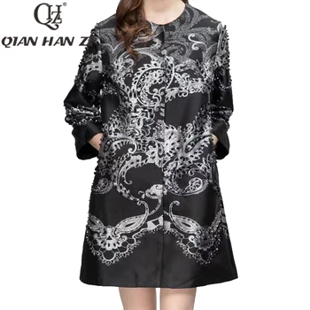 QHZ Есенно-зимния дизайнерско винтажное палто с диаманти, дамски 3/4 ръкав, бял жаккардовый модел, расшитый мъниста, черен луксозен яке
