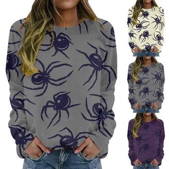 Блузи за жени, всекидневни пуловер с висока воротом и дълъг ръкав, блузи с принтом на Хелоуин