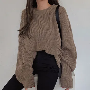 Блузи за жени, Просто Корейски ефектен есенен пуловер с кръгло деколте, Без ежедневието на обикновен пуловер с дълъг ръкав, женски
