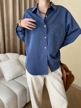 Дамска Елегантна Блуза в Голям Размер, Син Джинсового цветове, Нова Риза Свободно с Намаляване на Ревера и Дълъг ръкав, Модни Демисезонная O573