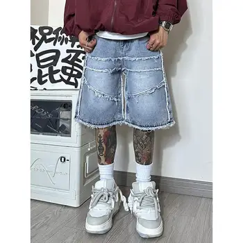 Дизайн с непреработени ръба, обикновена дънкови къси панталони за мъже, летен тренд на американската мода 2023, на главната улица, хип-хоп y2k, широки дънки за мъже, ниша, инс