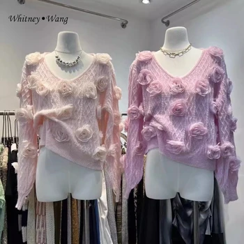Дизайнерски стил на Уитни ВАН 2023, Есенна градинска дрехи с 3D цветове, по-Тънък пуловер с V-образно деколте, Дамски пуловер