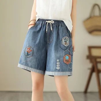 Дънкови шорти Mori Момиче в етнически стил с еластичен ластик на талията и цветна бродерия, панталони с аппликацией, Дамски къси дънкови панталони