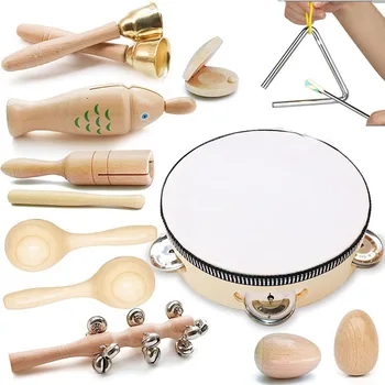 Дървени музикални инструменти за деца, образователна играчка Монтесори, Комплект музикални инструменти от дърво за новородени 0-12 м