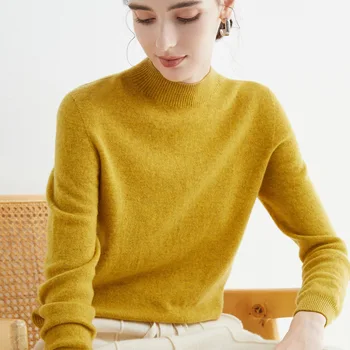 Есенно-зимния Моден вълнен пуловер с висока яка 2023, Женски Свободен пуловер, Вълнен обикновен универсален пуловер