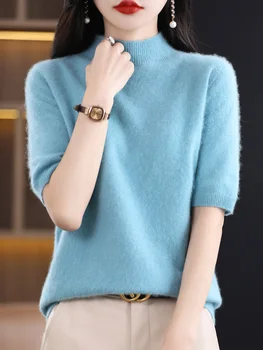 Жена пролетно-летен пуловер от 100% мериносова вълна, Пуловер с къси ръкави, вълнен трикотаж с имитация на устата, Дамски базова облекло ops