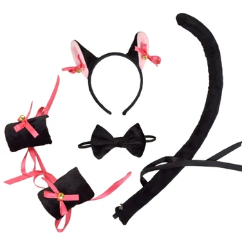 Комплект костюм на котка Превръзка на главата с кошачьими уши, опашка, папийонка, нарукавник, подпори за cosplay животни