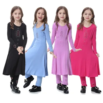 Комплект от 2 теми, Бебешки комплекти с Абайей, Мюсюлманската Дълга рокля за момичета + Панталони, Кристали, Свободна ислямска Дрехи За деца Нарастването на 110-160 см