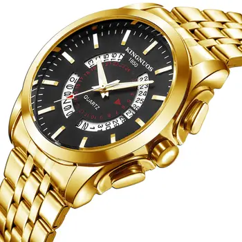 Концептуални часовници за мъже, кварцов часовник, необичаен циферблат, Златисто-черни часовници, Мъжки бизнес часовник с каишка от неръждаема стомана