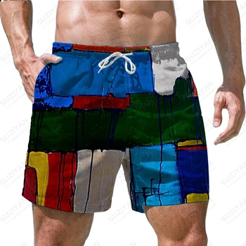 Летни нови мъжки къси панталони, плажни панталони, цветни маслени бои, 3D печат, Хавайски Плажен стил за отдих, мъжки домашни къси панталони на съвсем малък