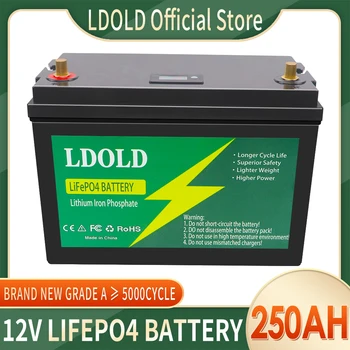 Литиево-желязо-фосфатная акумулаторна батерия LiFePO4 12V 250Ah, Вградена BMS За къмпинг на открито от количка за голф, Слънчева батерия със зарядно устройство