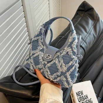 Малки Дамски чанти през рамо от деним с Цилиндрична форма, Модна дизайнерска чанта, дамска чанта през рамо, Ежедневни дамски чанта-тоут, Модерна чанта-месинджър