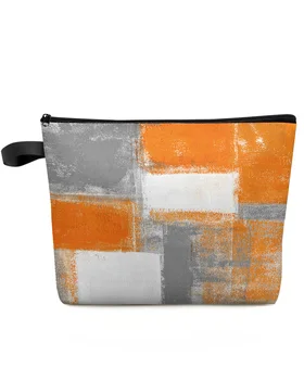 Маслена живопис, абстрактна геометрична Оранжево-сиво косметичка, чанта за пътуване, Женски козметични чанти, Органайзер за съхранение, молив случай
