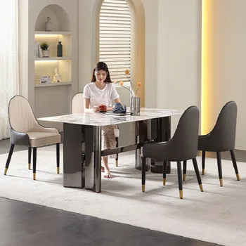 Минималистичная комбинация маса за хранене и столове от естествен мрамор правоъгълен домакински модерен и луксозен маса за хранене от камък