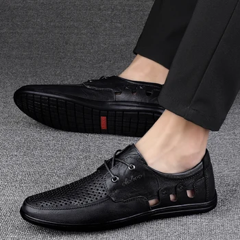 Мъжки Лоферы, мъжки обувки от естествена кожа, Лятна Дишаща Мъжки ежедневни обувки с шнур, Вечерни модел обувки за мъже