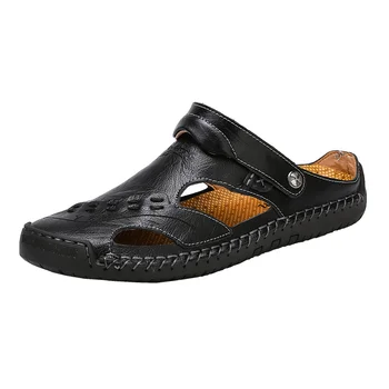 Мъжки сандали от естествена кожа, Лятна нова градинска нескользящая плажната обувки, ежедневни обувки за туризъм, мъжки чехли