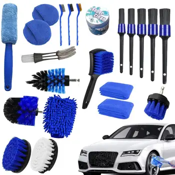 Набор от четки за почистване на автомобила от 30 бр., автомобилни четки за купето, мокри и сухи четки с висока плътност четина за пробиване на детайли на автомобила