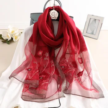Нов шал с бродерия от смес от коприна и вълна, За жени, елегантен шал от естествена коприна тутового цветове за украса