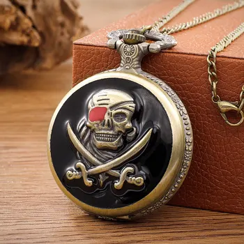 Ретро Пънк пиратски капитан двоен нож кварцови часовници джоб с огърлица-веригата, медальон, подарък за мъже, реколта часовници