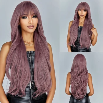 Светло лилаво Вълнообразни синтетични перуки, с бретон, Дълга лилава коса за cosplay в стил Лолита 