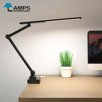 Светодиодна настолна лампа със Скоба, Лампа за четене, с регулируема яркост, за да се грижа за очите, Завъртане лампа с 3 цветови режими, Настолна лампа с USB-на стена, Лампа дневна светлина