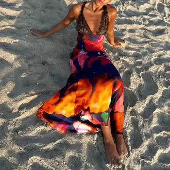 Секси плажна рокля без ръкави с цветен принтом, женски празнично плажна рокля Макси с появата на облегалката, лятна плажна рокля с кръстосано облегалка, дамски дрехи