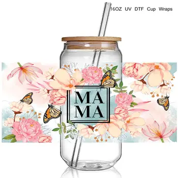 Цена на едро 9 + Mama Flora print 3D UV DTF Cup Wraps етикети Потребителски Тайна за 16 унции Libbey Glass Can Чаша за Студени Чаши