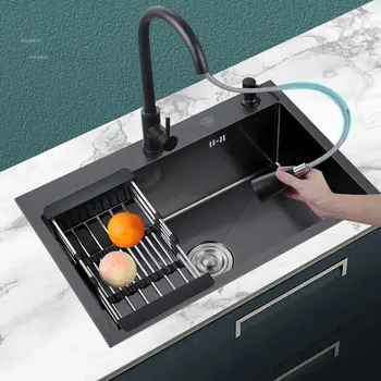 Черен Нано-мивка, Кухненски мивки от неръждаема стомана 304, Дебели мивка с един слот, Мивка за измиване на ръчно изработени аксесоари