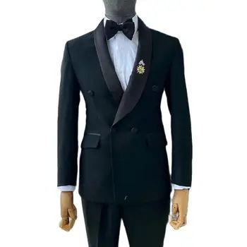 Черно Сватбен Смокинг за мъжки костюми, Двубортный яке, Панталон, 2 броя, Оборудвана Официален мъжки модерен Блейзър за бала, изработена по поръчка